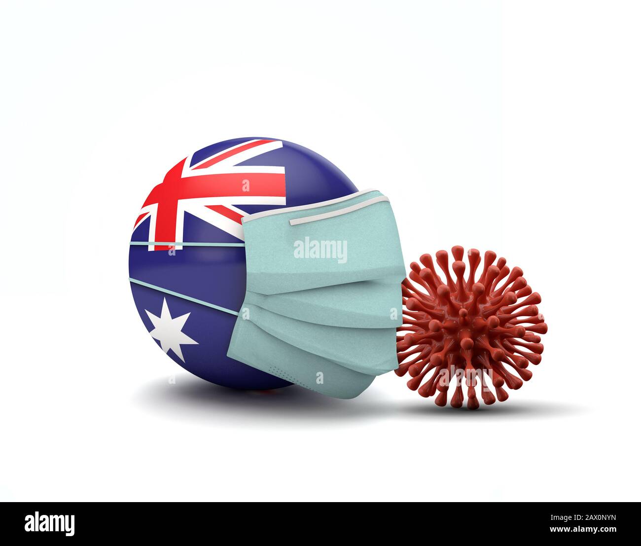 Australische Flagge mit Gesichtsschutzmaske. Neuartiges Coronavirus Konzept. 3D-Rendering Stockfoto
