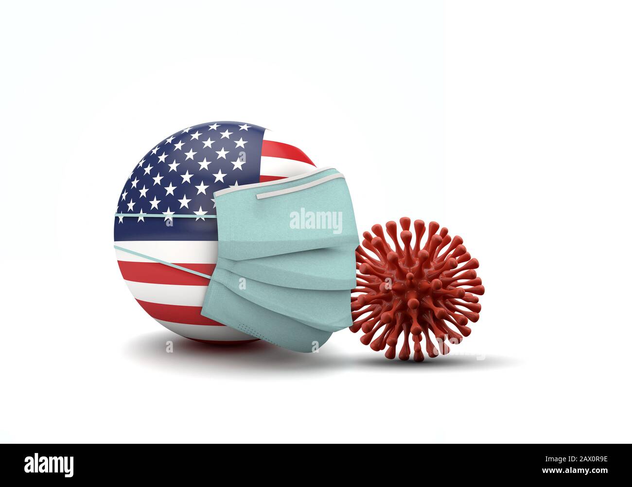 USA-Flagge mit Gesichtsschutzmaske. Neuartiges Coronavirus Konzept. 3D-Rendering Stockfoto