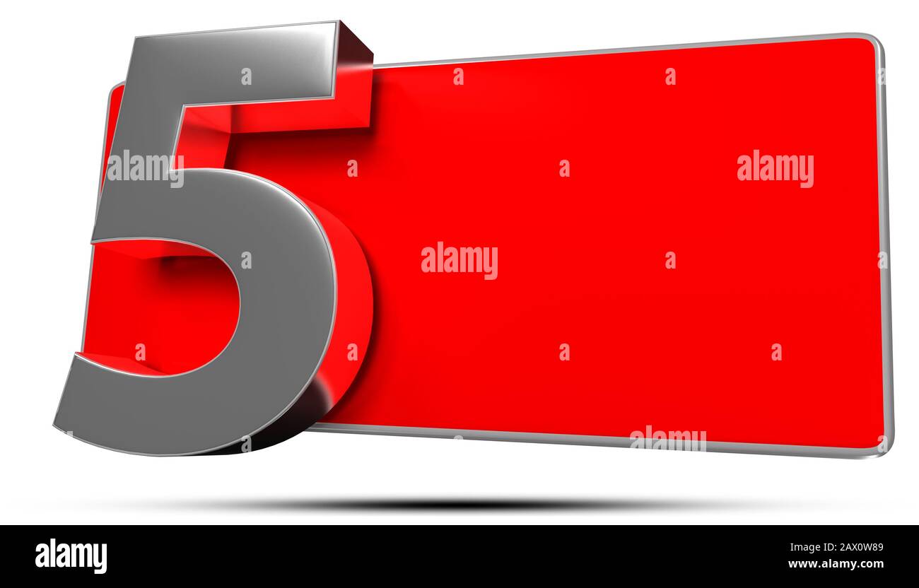3D-Illustrationsnummern 5, Edelstahl isoliert auf weißem Hintergrund (mit Beschneidungspfad). Stockfoto