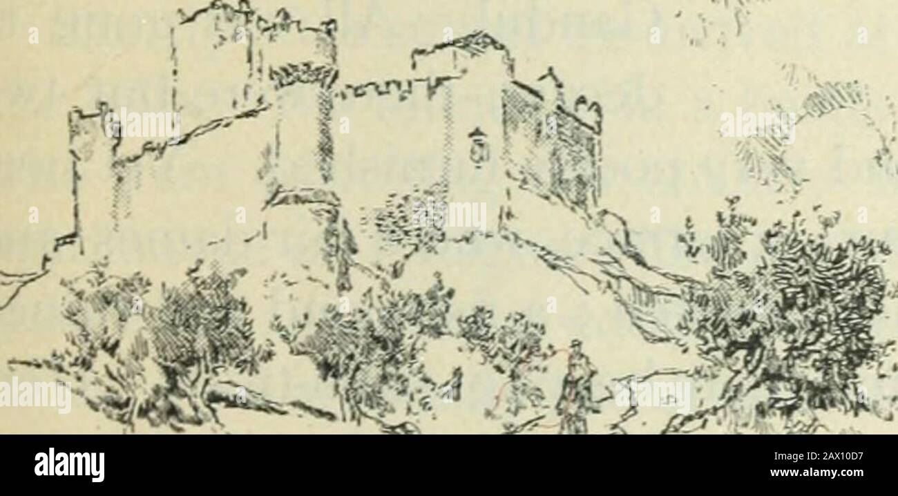 Die Alhambra entlang ihrer Ufer sind Orangen-, Zitronenhaine und Granatäpfel, unter denen wir die frühe Note der Nachtigall gehört haben. Eine malerische Brücke wurde über den kleinen Fluss geworfen, an dessen Ende die alte maurische Mühle der Burg stand, die von einem Turm aus gelbem Stein verteidigt wurde; ein Fischernetz, das gegen die Mauer hahnte, und schwer im Fluss lag, war zischenboat: Eine Gruppe von Bauernfrauen in leuchtend gefärbten Kleidern, die die Bogenbrücke überquerten, spiegelten sich im Ortsbach wider. Insgesamt war es^•^ eine bewundernswerte Szene für Alandscape-Maler. Die alten maurischen Mühlen, so oft auf se gefunden Stockfoto