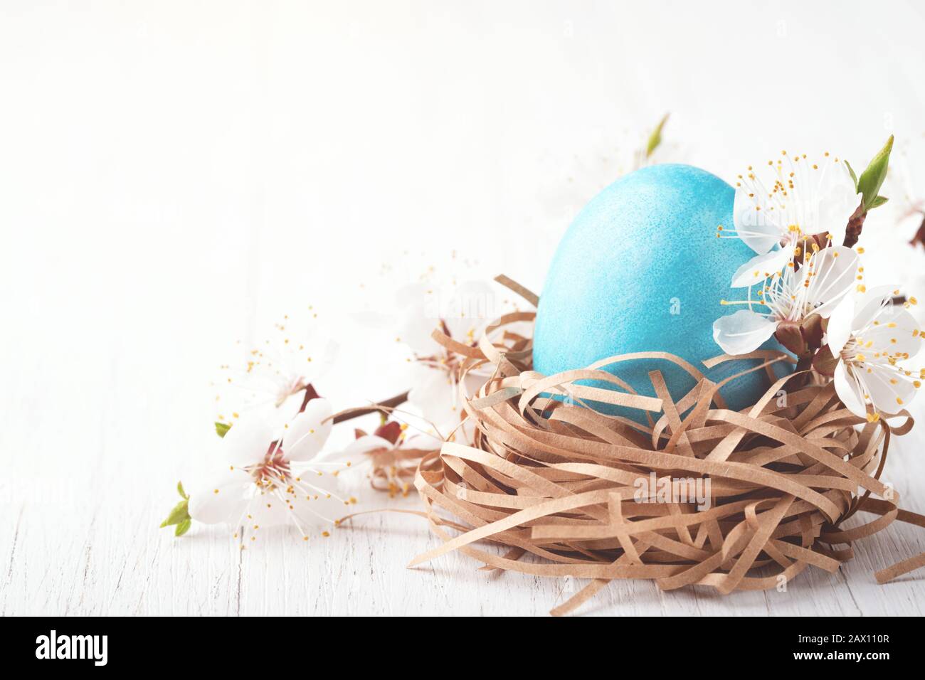 Nisten Sie mit blauem Ei verzierten blühenden Zweigen auf weißem Holzhintergrund. Osterkonzept. Stockfoto