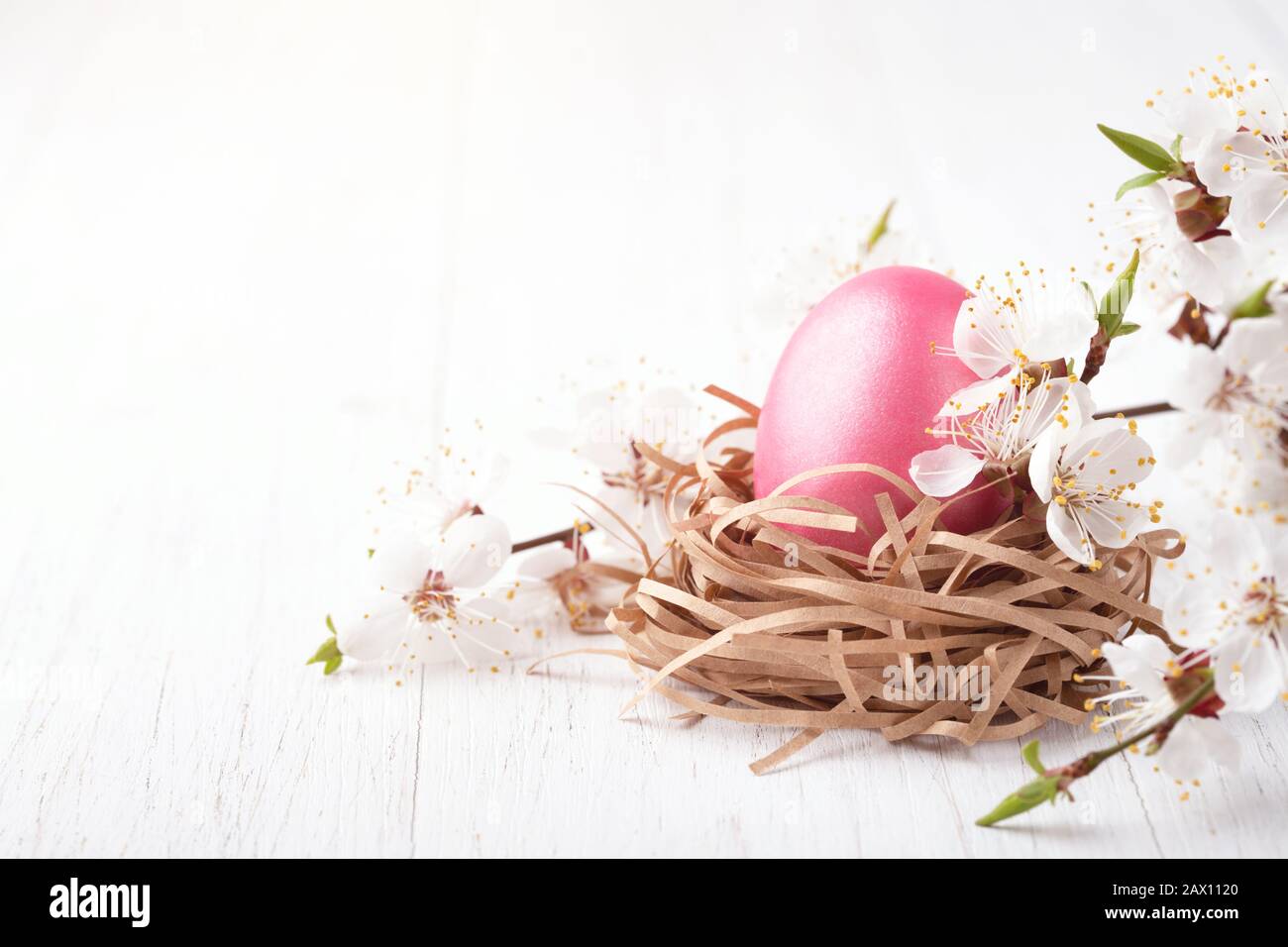 Nisten Sie mit rosafarbenem Ei verzierten blühenden Zweigen auf weißem Holzhintergrund. Osterkonzept. Stockfoto