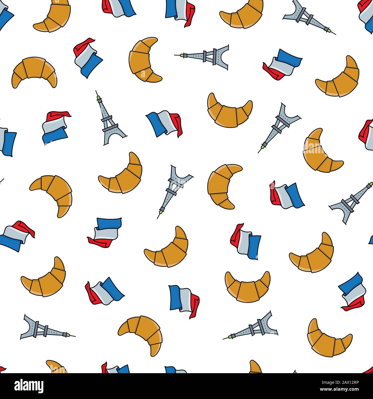 Croissants, französische Flaggen und Eiffelturm-Symbole nahtlose Vektorgrafiken im Hintergrund. Hintergrundbild der französischen Nationalsymbole. Stock Vektor