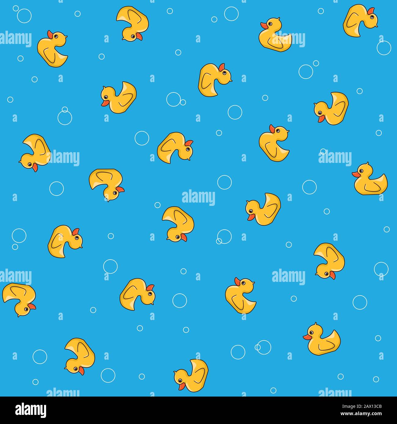 Gummi-Duckie-Muster mit nahtlosem Vektorhintergrund. Spielzeug und Blasen auf blauem Hintergrund Stock Vektor