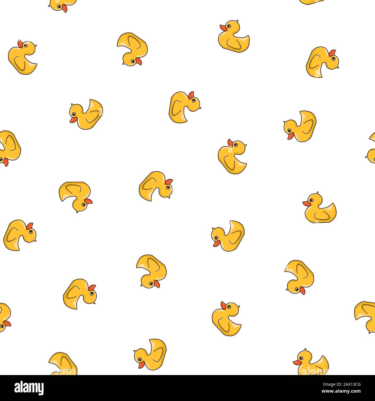 Gummi-Duckie-Muster mit nahtlosem Vektorhintergrund. Zufällig isoliertes Spielzeug auf weißem Hintergrund Stock Vektor