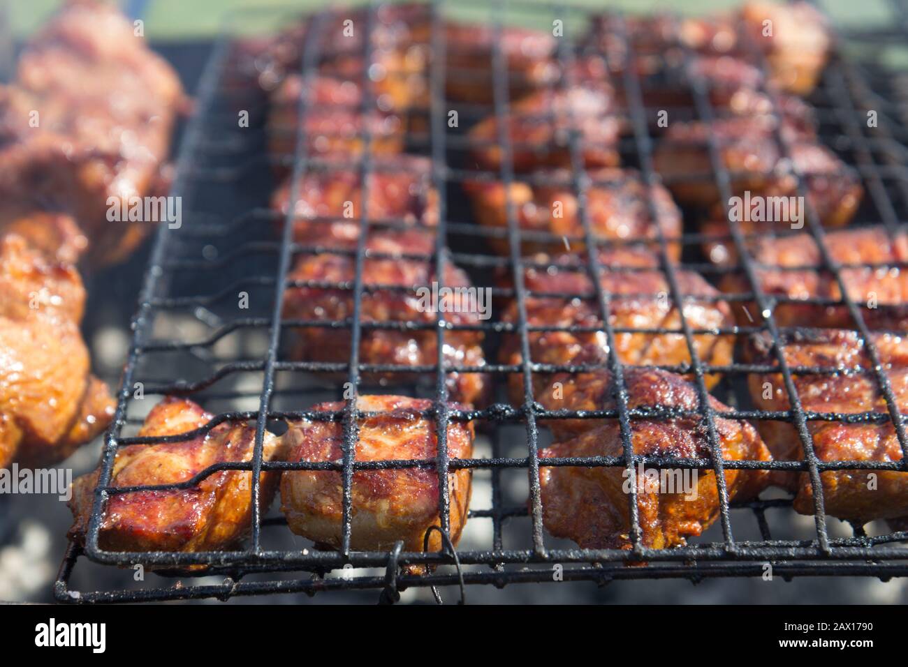 Grillgrill mit Fleisch in der Natur, im Freien, in der Nähe Stockfoto
