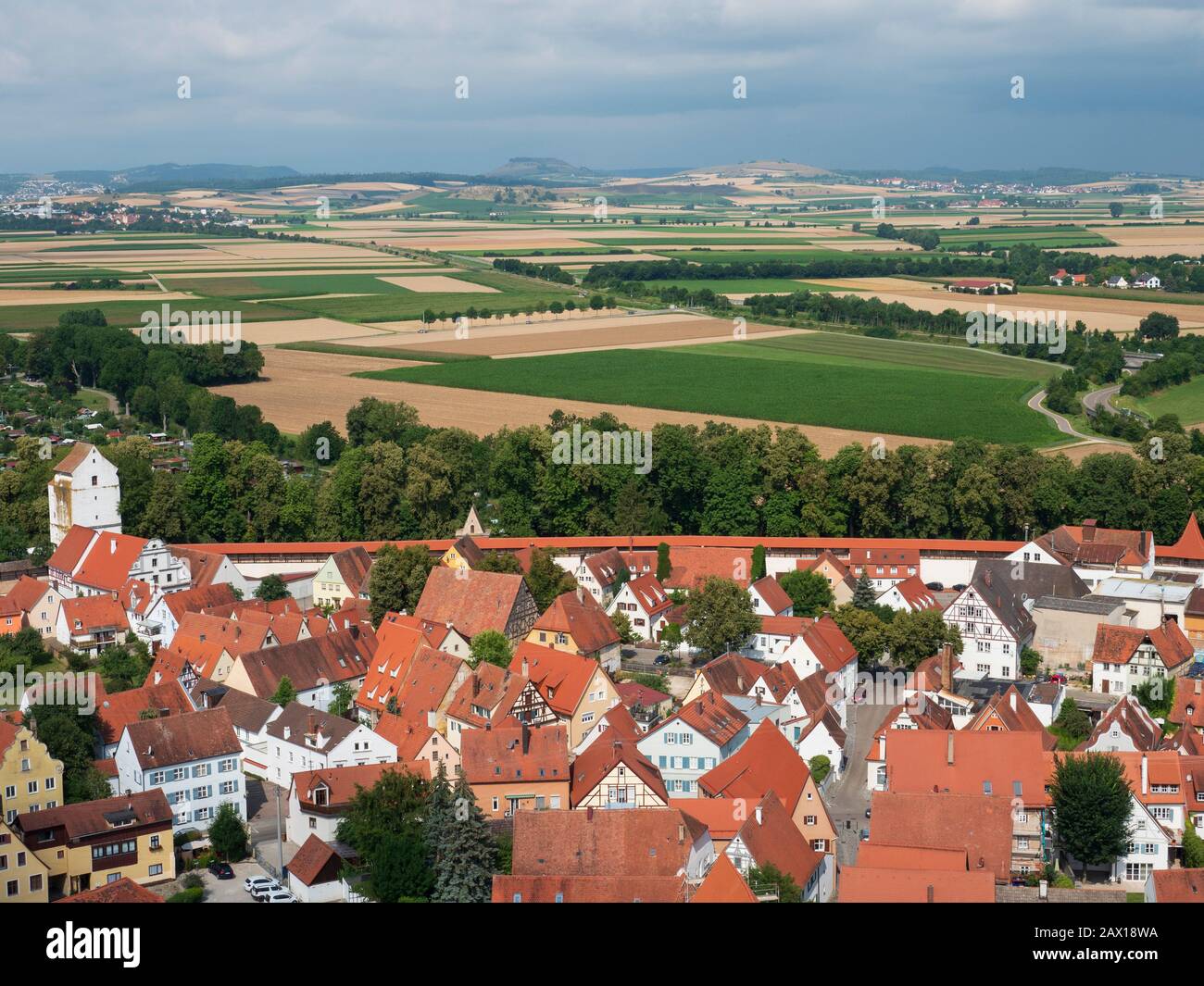 Blick auf die Altstadt von Daniel, Nördlingen, Franken, Bayern, Deutschland von der Kirchenspitze Daniel, Noerdlingen, Franconia, Bayern, Stockfoto