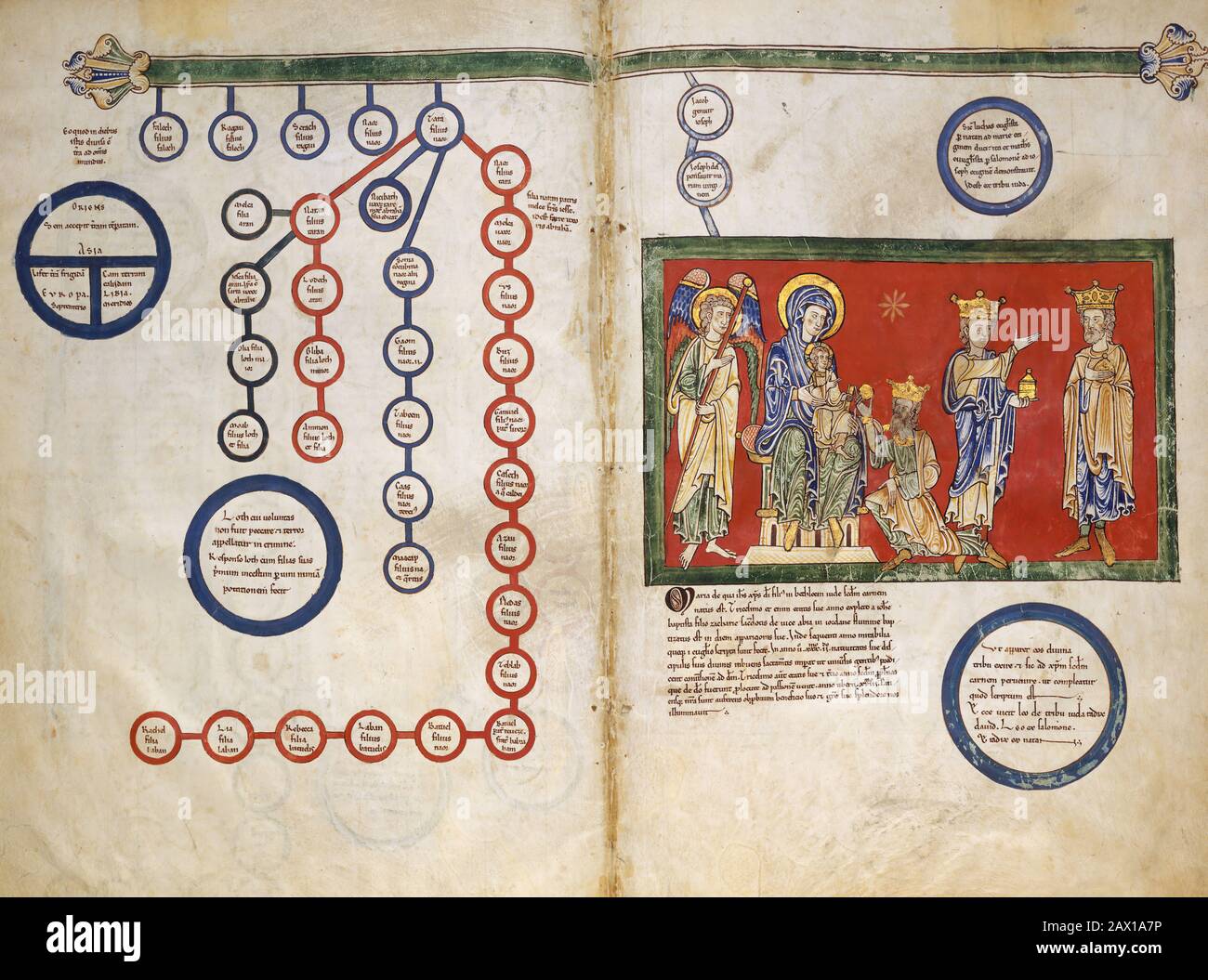 Blätter aus einer Beatus-Handschrift: Bifolium mit Teil der Genealogie Christi und der Anbetung der Magi, Ca. 1180. Stockfoto