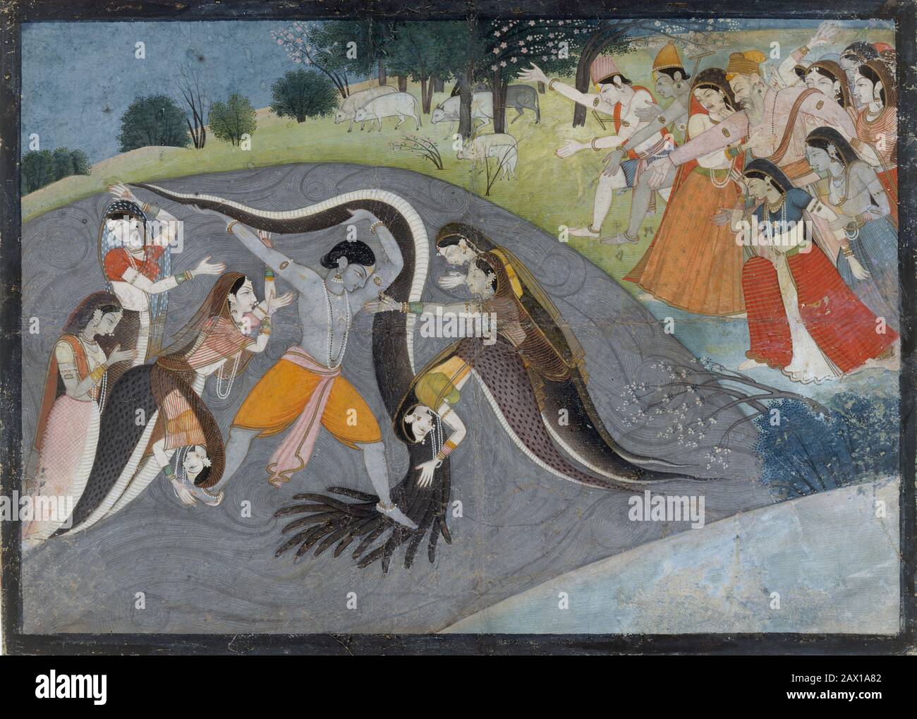 Krishna Unterwerfen Kaliya, den Snake Demon: Folio aus einer Bhagavata Purana Serie, Ca. 1785-2. Krishna kämpft gegen Kaliya, eine hundert-köpfige Schlange (Naga), die den Fluss Yamuna vergiftete. Stockfoto