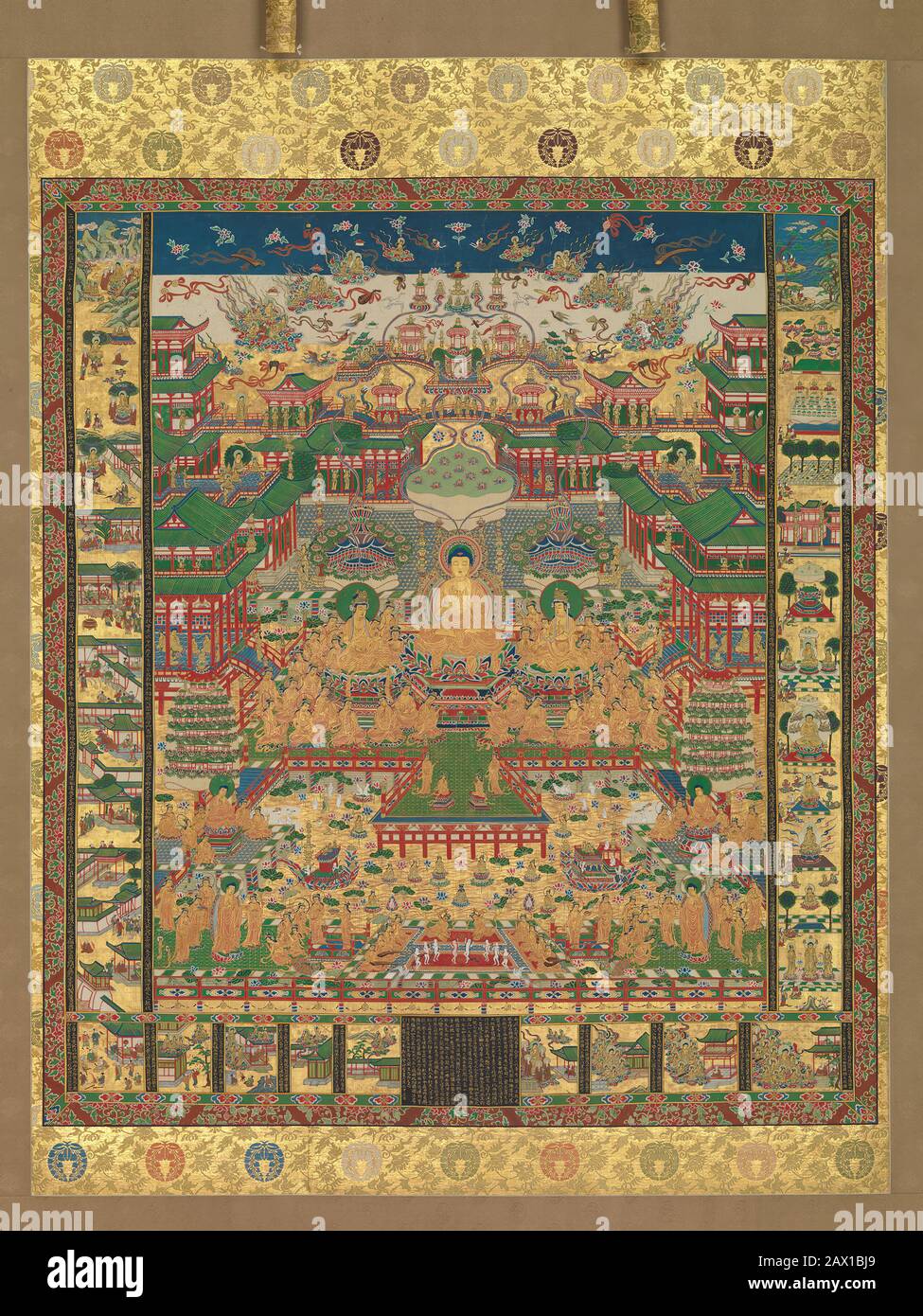 Taima Mandala, 1750. Ein enormer Palast mit goldenem Teich, der von Amida und seiner Retinue vorsteht. Edo-Zeit (1615-282) Stockfoto