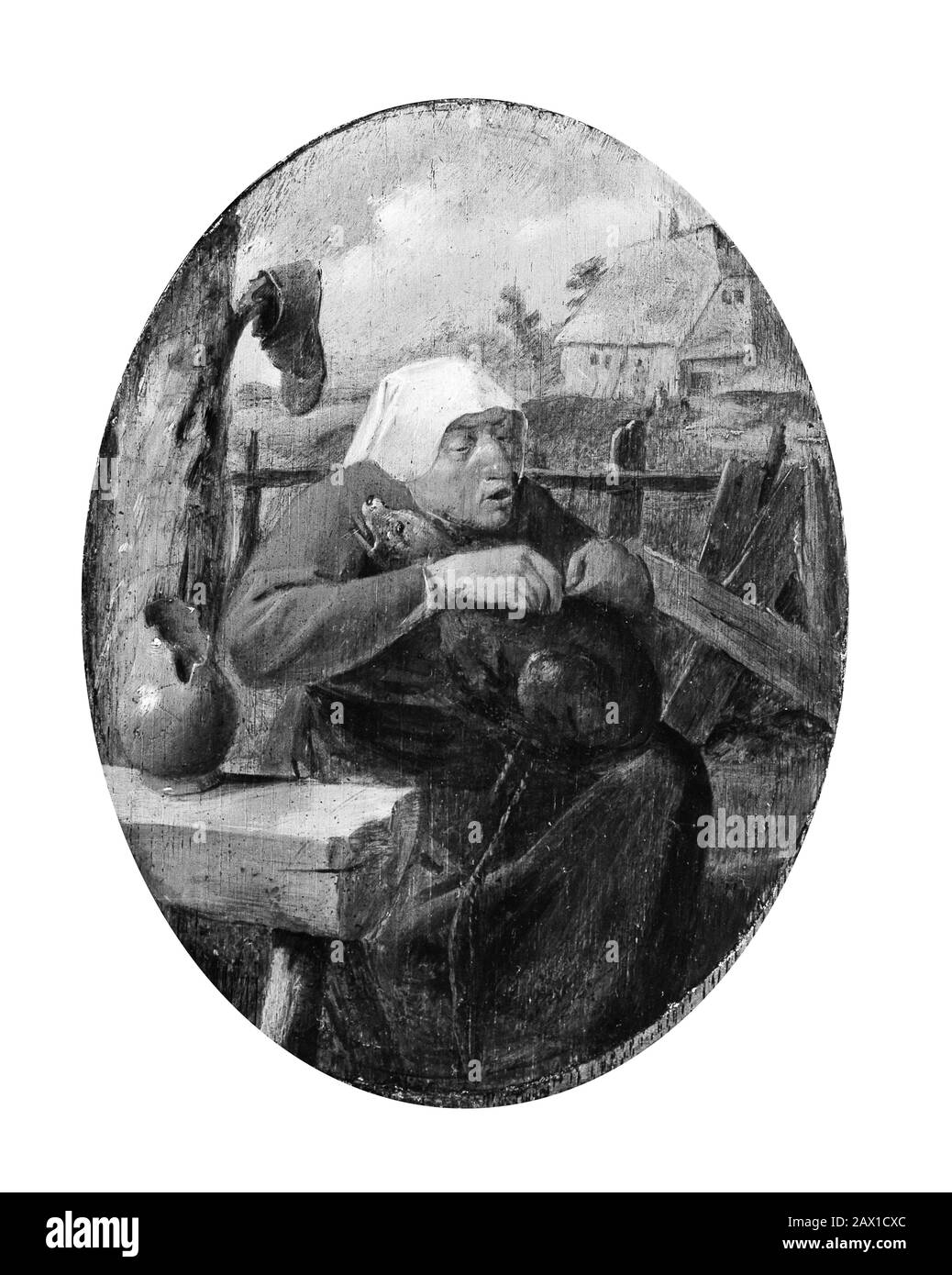 Eine Bauernfrau Pflückt Flöhe von einem Hund, ca. 1626-27. Stockfoto