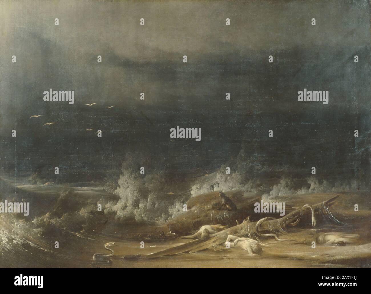 Die Sprühflutanlage zum Ende hin, ca. Im Jahre 181. Die Sintflut, beschrieben in Genesis mit entwurzeltem Baum, ertrunkenen Körpern und dem Kadaver einer gigantischen Schlange. Stockfoto