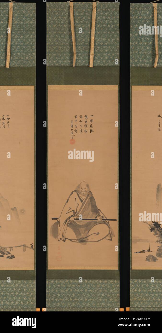Zen-Meister mit Meditationsstab und Chinese-Style-Landschaften, wahrscheinlich Ende 1620er-1644. Möglicherweise Zen-Meister Ten&#x2019;yu Joko selbst oder sein Meister. EDO-Zeit (1615-&#x 2013;508) Stockfoto