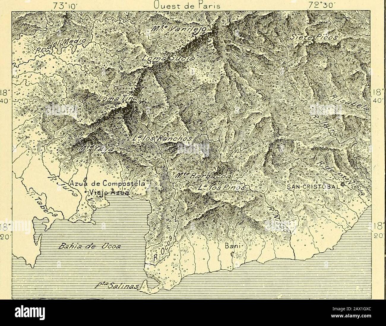 Nouvelle géographique universelle : la terre et les hommes. nes, des sourcesde bitume et des eaux minérales promet un Grand avenir à la contrée; Enoutre, les bêtes à cornes et les chevaux paissent dans les vastes savanes dela haute Neyba et de la Haute Artibonite, notamment autour des villesde Banica et de San-Juan de Maguana, qui a gardé le nom dun ancienroyaume haïtien. MESZ à San-Juan que Schomburgk a découvert les objets D0MIN1CANIK. SANTO-DOMINCO. 777 les plus remarquables de la civilisation précolombienne, entre autres uncercle de blocs granitiques où lon a voulu voir limage du serpent qu Stockfoto