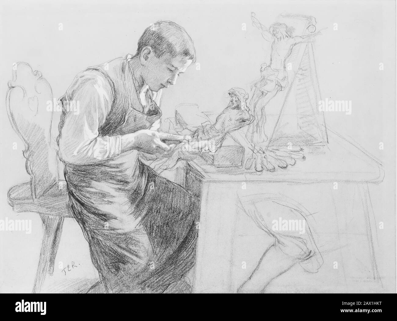 Studie über einen Jungen, Der ein Crucifix Schnitzt, ca. 1908. Stockfoto