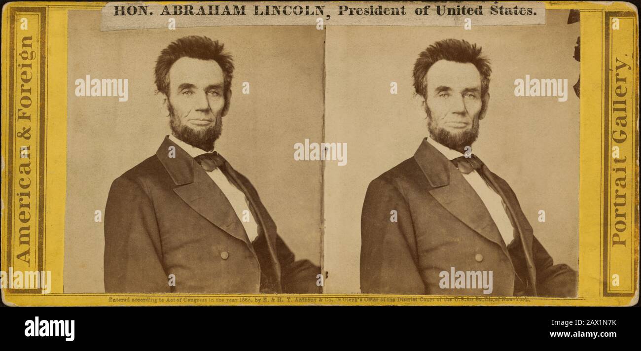 1865, NEW YORK, USA: Der Präsident der USA, ABRAHAM LINCOLN (Big South Fork, KY, 1809 - Washington 1865). Foto von Lewis E. WALKER (Lewis Emory), (* um 1822; † um 1880). Der kurze Haarschnitt wurde vielleicht von Lincoln's barber vorgeschlagen, um die Aufnahme seiner Lebensmaske durch Clark Mills zu erleichtern. Lincoln wusste aus Erfahrung, wie lange Haare sich an Putz anhaften konnten." "Ein 1865 Stereograph, der Mathew Brady zugeschrieben wurde, wurde tatsächlich von Lewis Emory Walker, einem Regierungsfotografen, etwa im Februar 1865 aufgenommen und für ihn von der E. & H. T. Anthony Co., New York, veröffentlicht. - 3D - Presidente della Repubblica - S Stockfoto