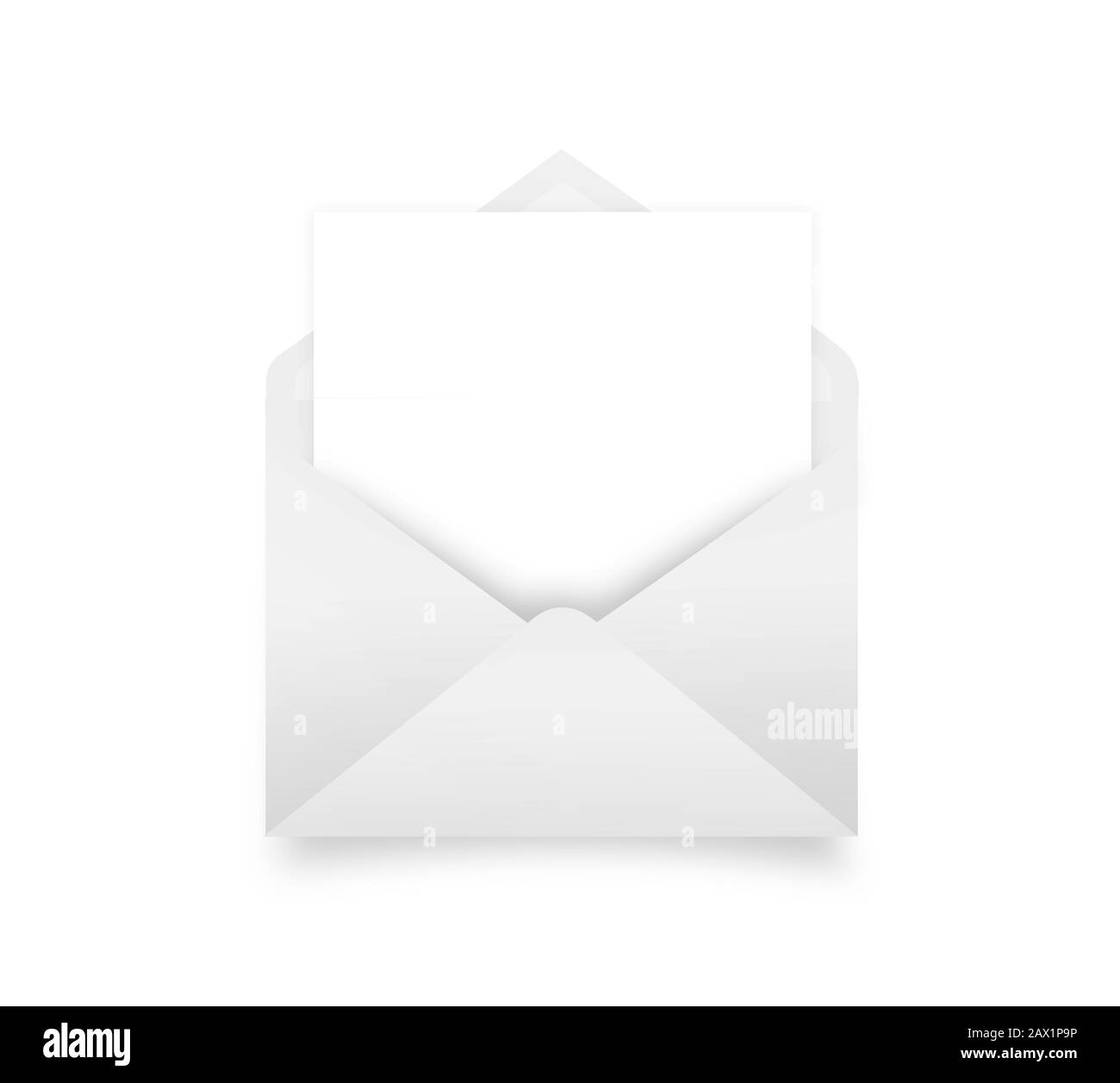 Weißer Umschlag mit isoliertem Blatt auf weißem Hintergrund Stockfoto
