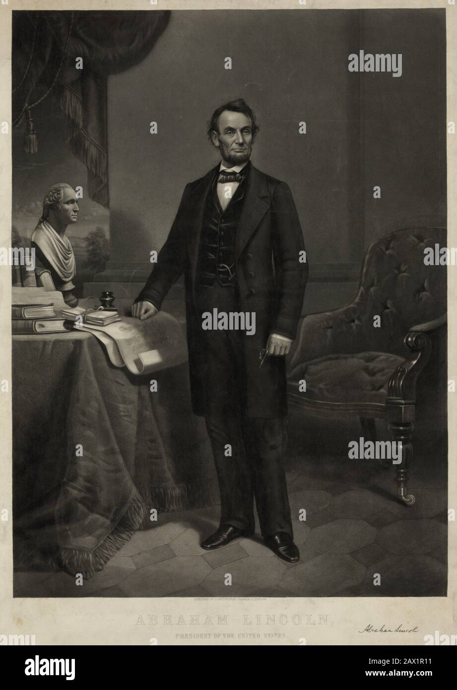 1864 Ca, USA: Der Präsident der USA ABRAHAM LINCOLN (* 1809 in Washington, USA; † 1865 in White Hydle; Gravur von John Chester BUTTRE (* um 181-1893 in Washington) - Presidente della Repubblica - Stati Uniti - USA - Ritratto - Porträt - Cravatta - Krawatte - papillon - Kragen - Colletto - Bart - Barba - Abramo --- Archivio GBB Stockfoto