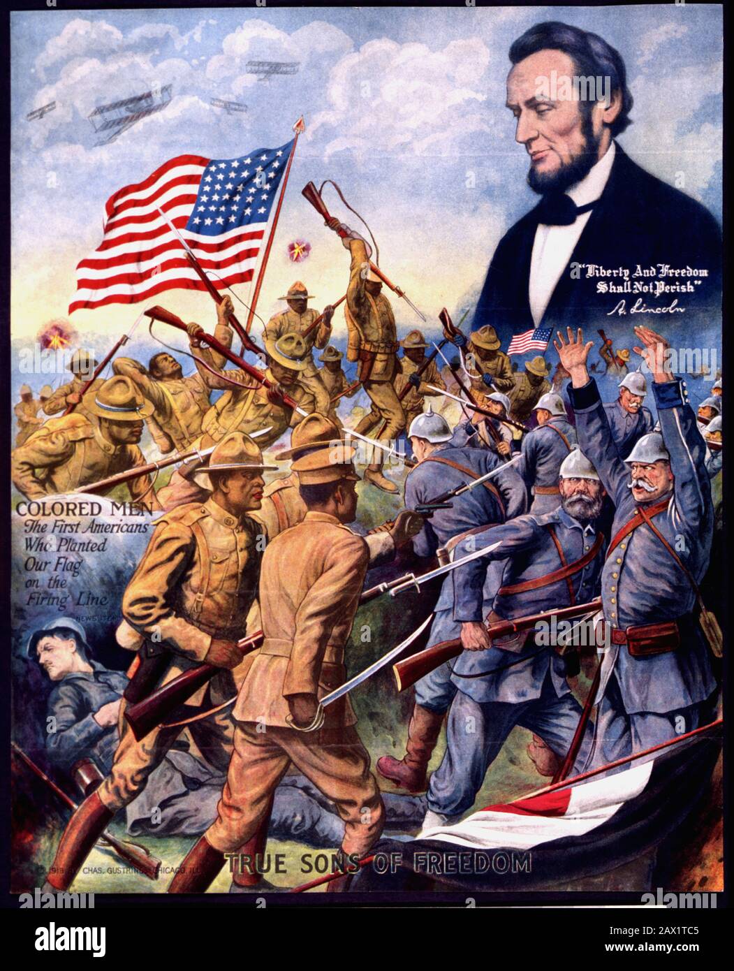1918 , USA : GROSSES KRIEGS-PROPAGANDA-offizielles Plakat 1918 mit afroamerikanischen Soldaten, die deutsche Soldaten im ersten Weltkrieg bekämpfen, und Kopf-und-Schulter-Porträt von Abraham Lincoln oben. Der Präsident der USA, ABRAHAM LINCOLN (* 1809 in New York; † 1865 in New York). - PRIMA GUERRA MONDIALE - GRANDE GUERRA - GROSSER KRIEG - WWWI - Presidente della Repubblica - Stati Uniti - USA - Ritratto - Porträt - Cravatta - Krawatte - papillon - Kragen - Colletto - Abramo - Fahne - Bandiera - patriota - patriottismo - EMANCIPAZIONE NERI D' AMERICA ---- ARCHIVIO GBB Stockfoto