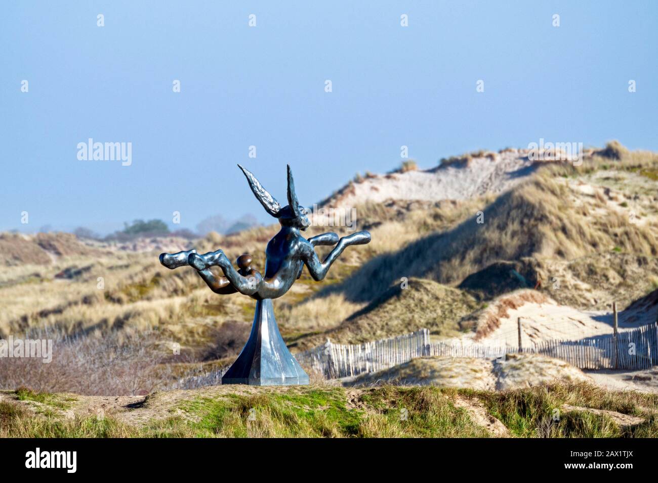 Die Gastfreundschaft der Skulpturen des Künstlers Barry Flanagan zeigt sprunghaften Hare in den Dünen in der Nähe des Zwin-Naturschutzgebietes in Knokke-Heist, Westflandern, Belgien Stockfoto