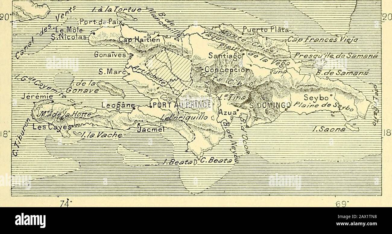 Nouvelle géographe universelle : la terre et les hommes . e, mais, en 1861, son Territoire fut ocupé par les troupes espa-gnoles et officiellement Réannexé à limperior colonial de lancienne métropole : les Dominicains ne parvinrent à Réérer leur autonomie quen 1865.Puis, 1869, Puis, 1869, Le gouvernement nord-américain fit plusieurs tentatives pour 1 Gustave dAlaux, Soulouque et son Empire.2 Salles, Notes manuscrites. HAÏTI ET DOMLMCANIK. 756 entraîner la Doinicanie dans son orbite politique et sempara mômequelque temps de la baie de Samana. Les Etals-Unis, inféodés à la politiqueesclavagiste, fure Stockfoto