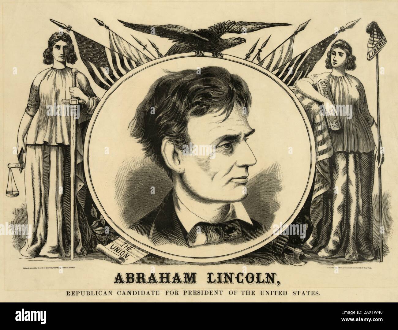 1860, USA: Der Präsident der USA, ABRAHAM LINCOLN (Big South Fork, KY, 1809 - Washington 1865). Das Plakat ' Für präsident Abram Lincoln ' für den republikanischen Präsidentschaftskandidaten im Weißen Haus - Presidente della Repubblica - Stati Uniti - USA - Ritratto - Porträt - Cravatta - Krawatte - papillon - Kragen - Colletto - Abramo - CAMPAGNA ELETTORALE - ELEZIONI - BANDIERA - FAHNE - Locandina eletytorale --- Archivio GBB Stockfoto