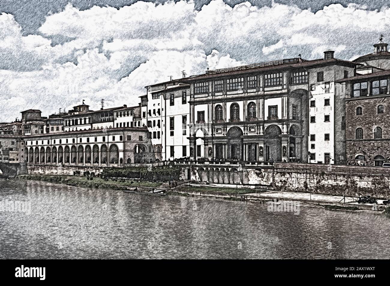 Blick über den Arno zur Uffizien, von 1559 bis 1581 gebaut, Florenz, Toskana, Mittelitalien, Italien, Europa Stockfoto