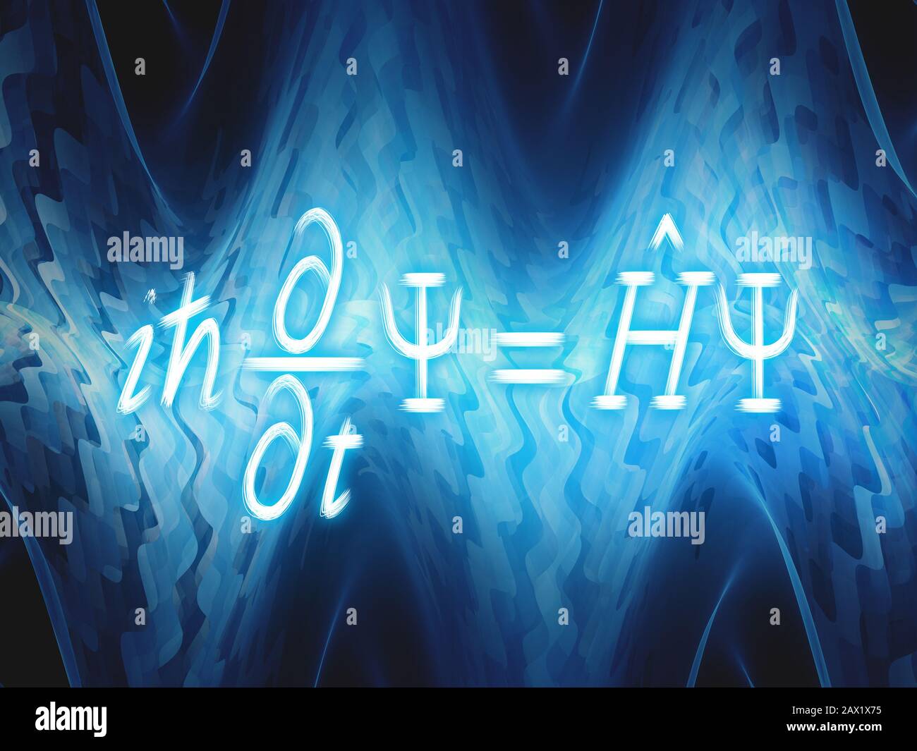 Zeitabhängige Schrodinger-Gleichung mit blau leuchtenden Quantenwellen, computergenerierter abstrakter Hintergrund, 3D-Rendering Stockfoto
