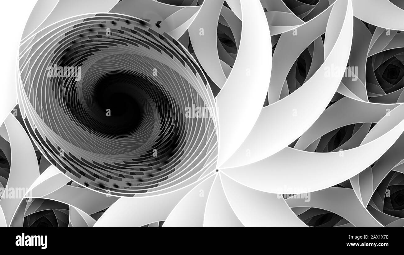 Fraktale Spiralfantasie in Schwarzweiß, computergenerierter abstrakter Hintergrund, 3D-Rendering Stockfoto