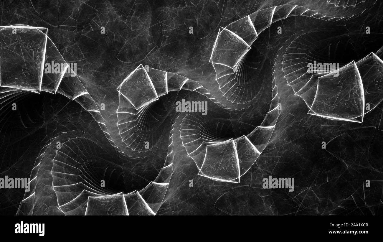 Fliegende Rechtecke in spiraliger fraktaler schwarz-weißer Textur, computergenerierte abstrakte Intensitätskarte, 3D-Rendering Stockfoto