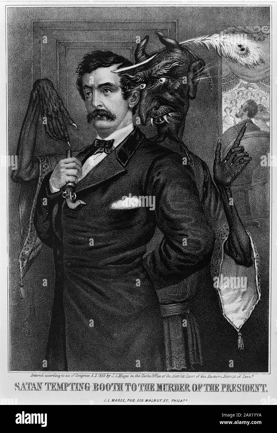 1865 : Der Schauspieler John Wilkes Booth (* um 1835-1865 in New York; † 1865 in New York City), Mörder des Präsidenten der Vereinigten Staaten, ABRAHAM LINCOLN (* 1809; † 1865 in New York). 'Atan Verlockend Booth Zur Ermordung Des Präsidenten '- Presidente della Repubblica - Stati Uniti - USA - Ritratto - Porträt - Cravatta - Krawatte - Krawatte - Colletto - Abramo - Assassinio - Mörder - Assassinio - Omicidio - Baffi - Schnurrbart --- Archivio GBB Stockfoto