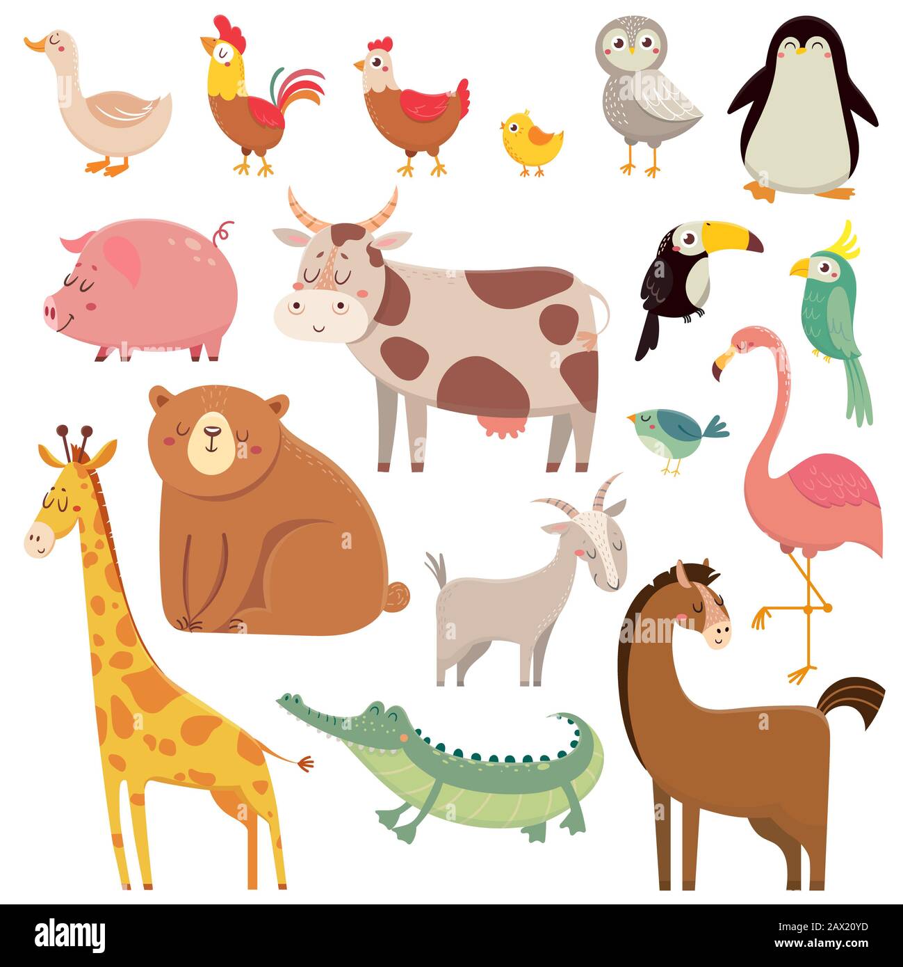Baby-Cartoons Wildbär, Giraffe, Krokodil, Vogel- und Haustiere. Niedlich Cartoon Animal Kids Vector Illustration Set Stockfoto