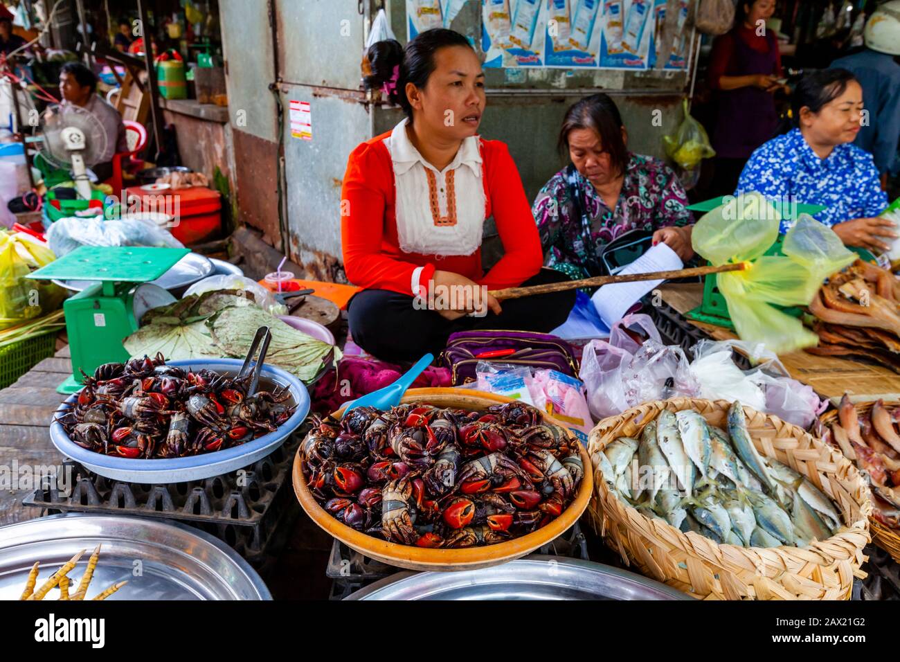 Eine Lokale Frau Hält Fliegen Fern Von Ihrem Meeresfrüchte-Stall Auf Dem Fischmarkt Psar Nath, Battambang, Kambodscha. Stockfoto