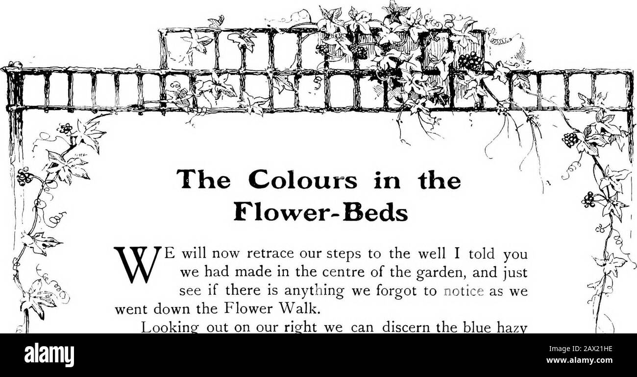 Der Garten, den wir gemacht haben. Die gelbe Grenze - EIN Wahres Goldmeer. Digitalisiert von Microsoft®. 4f / WIR werden nun unsere Schritte zu dem Brunnen zurückverfolgen, den ich Ihnen gesagt habe, dass wir in der Mitte des Gartens gemacht hätten, und zu Recht sehen, ob es irgendetwas gibt, was wir vergessen haben, den Blumenspaziergang als wett zu bemerken. Mit Blick auf unsere rechte Seite können wir die blaue Hasyline der dänischen Küste erkennen. Das ist ein bezaubernder Hintergrund für die vista (wie die Italiener sagen), die Langgarten-Grenzen sind mit Nasturtium umrandet. Könnte man sich etwas Schöneres vorstellen, wenn der Nasturtiumständer in seinem Ruhm steht? Alte Kirschbäume beugen ihren Boughstoward Stockfoto