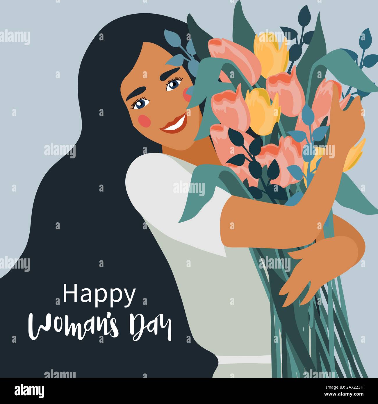 Damen Day. Niedliche Vektorgrafiken mit einer Frau, die einen Blumenstrauß mit Tulpen für Karte, Poster, Flyer und andere hält Stock Vektor