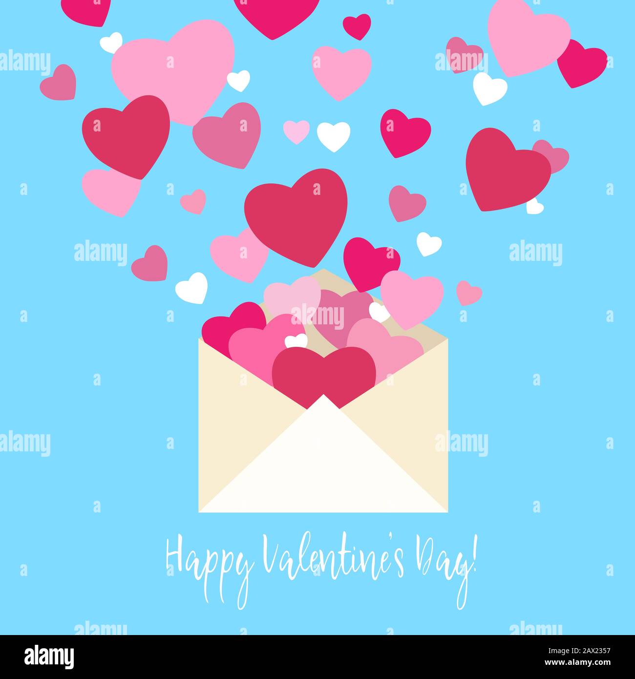 Liebe. Heiliger Valentinstag. Öffnen Sie den flachen Umschlag mit rosafarbenen Herzen. Romantische Post. Veector Illustration Stock Vektor