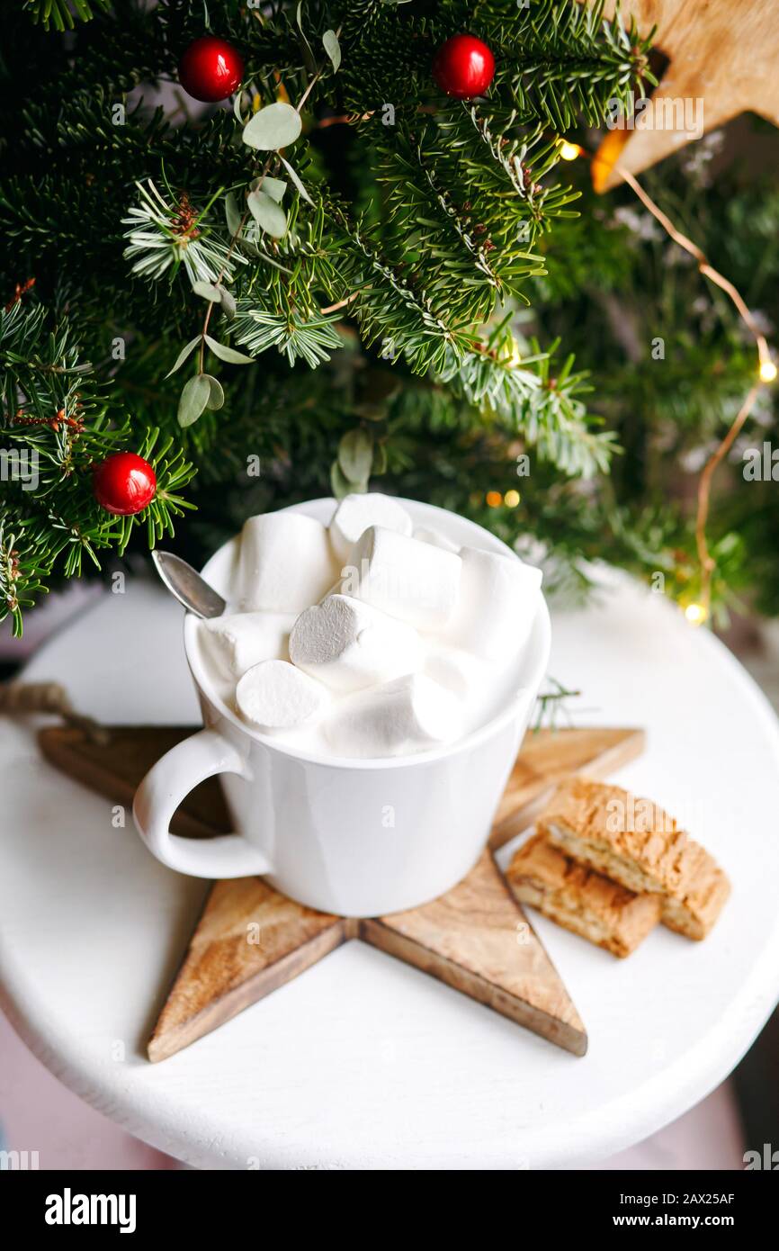 Kaffee in einer weißen Tasse mit Marshmallows. Festlicher Kaffee am Morgen mit traditionellen italienischen Cantuccini-Plätzchen. Kaffeetasse auf grünem Tannenhintergrund B. Stockfoto