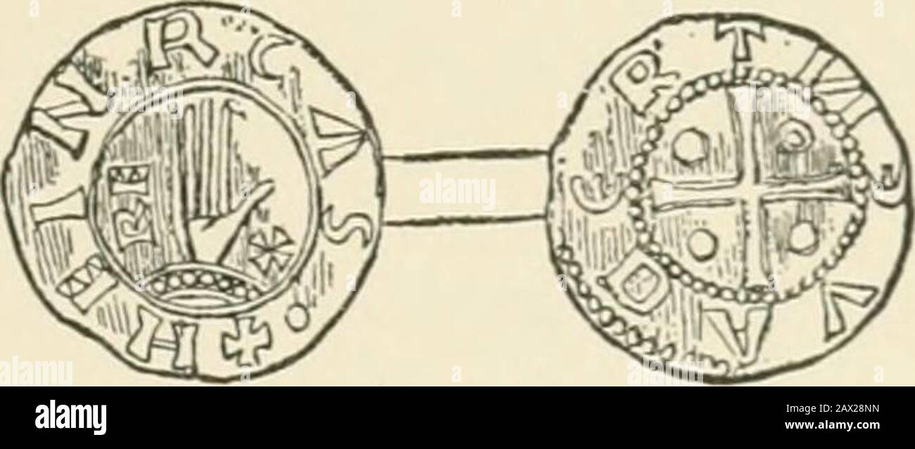 Eine Geschichte aller Nationen von frühester Zeit; eine universelle historische Bibliothek. Abb. 78 und 79. - Münzen von Heinrich II (Aus Cappe.) Abb. 73. - Obv. : Im Feld A und 0; oben ein Dreieck; und unten, eine S. Legende: HENRICVS. Rev.: DAVANTRIA (Deventer in den Niederlanden). Im Feld das Kreuz mit vier Kugeln.Abb. 79. - Obv. : Die offene rechte Hand auf einem Band mit Perlenschmuck. X auf beiden Seiten wiederholen. Legende: HEINRCVS. Rev.: Kreuz mit vier Kugeln. Legende: DAVENTRE. Von Liis Reign. Er gab freiwillig Rechte ab, die unvoreinlich umstritten gewesen wären, wenn er sie beanspruchte, a Stockfoto