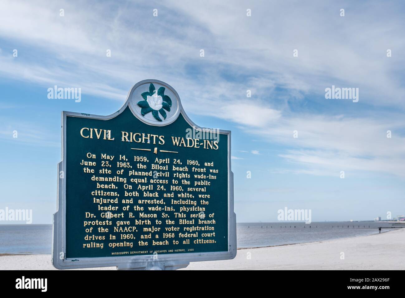 Mississippi Civil Rights Biloxi Beach Wade-In Historical Marker, Biloxi, MS, USA. Stockfoto