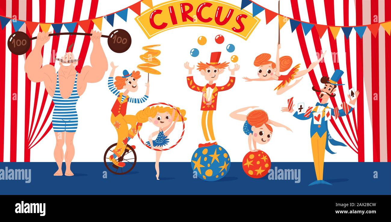 Großartiges Zirkusvektor-Poster mit Cartoon-süßen Figuren Stock Vektor