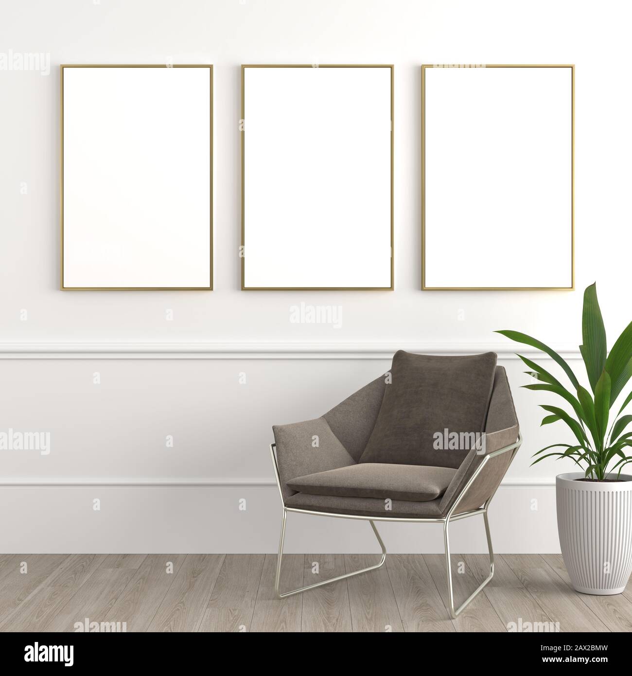 Innendesign modern und elegant bestehend aus Sessel mit Fußstütze und tropischer Anlage auf einem Topf an weißer Wand mit drei umrahmten blanck Canvas für Stockfoto