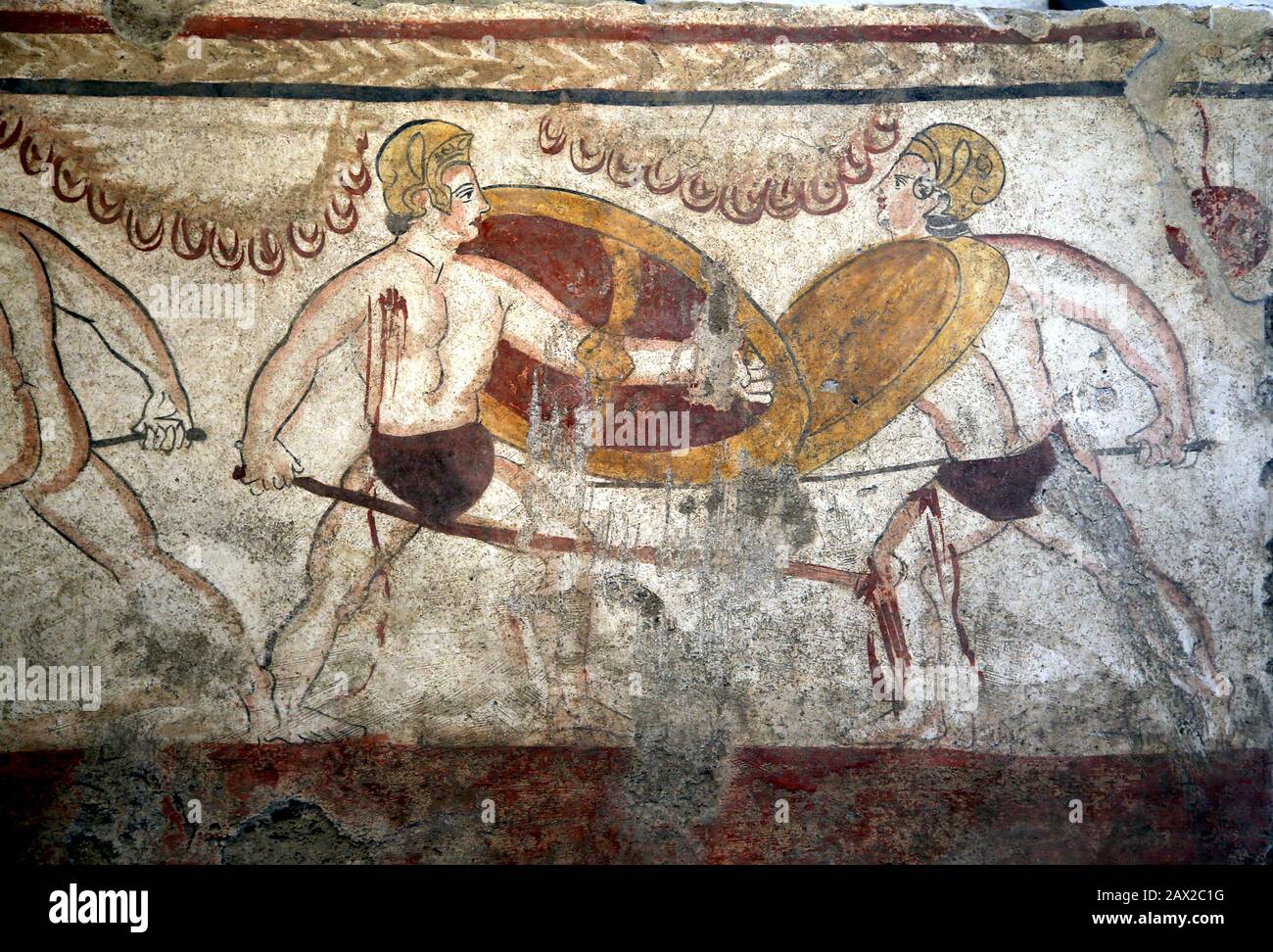 Szene, die zwei Mann im Kampf zeigt. Laghetto, Grab X (350 v. Chr.). Lukanisches Fresko, griechische Kunst Paestum Museum, Kampanien, Italien. Stockfoto