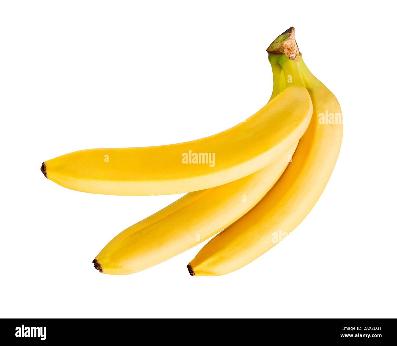 Bananenbündel isoliert auf weißem Hintergrund. Frische Bananenfrucht. Bio Banana Draufsicht. Stockfoto