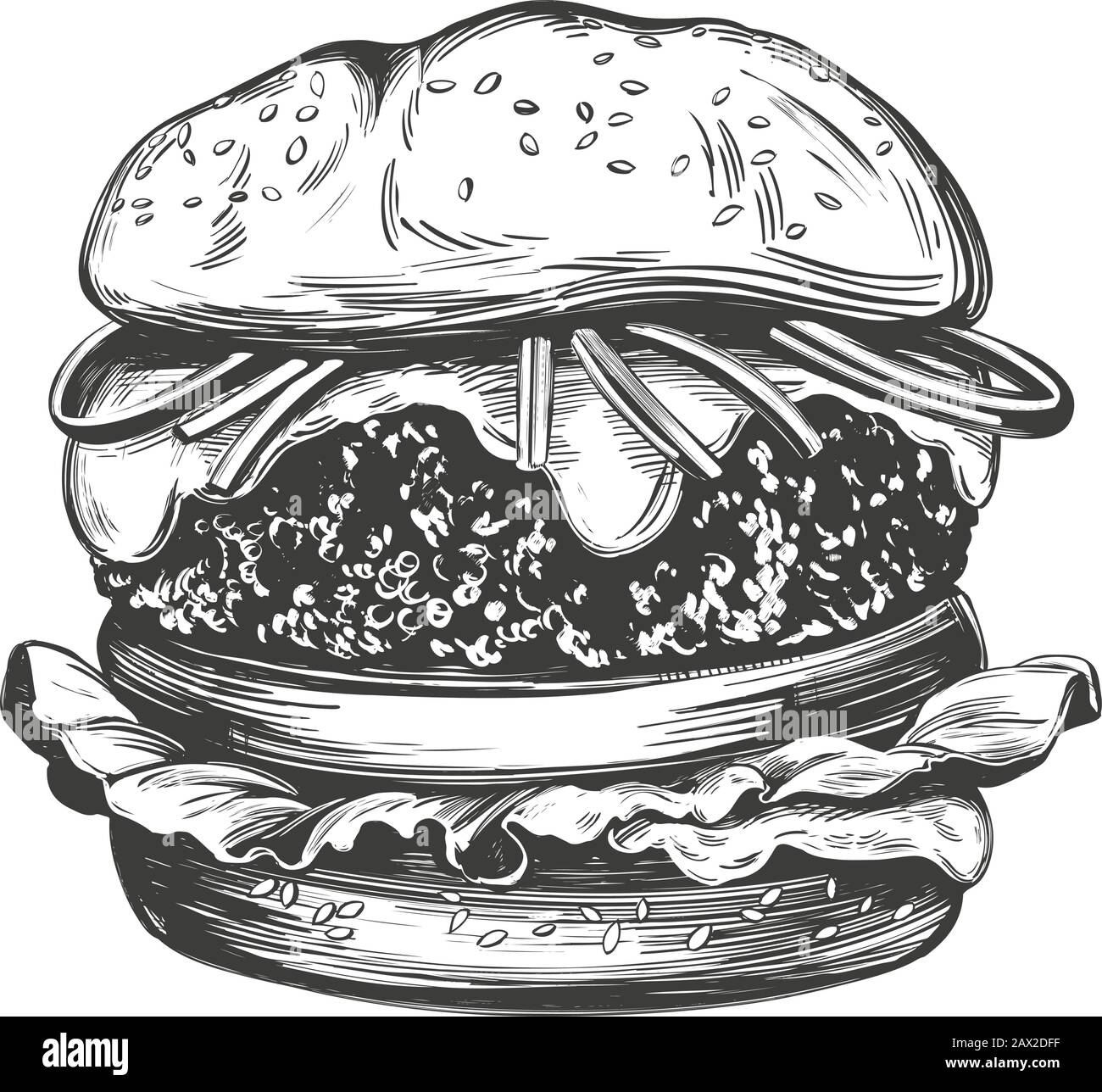 Große Burger, Hamburger handgezeichnete Vektorgrafiken realistische Skizze. Stock Vektor