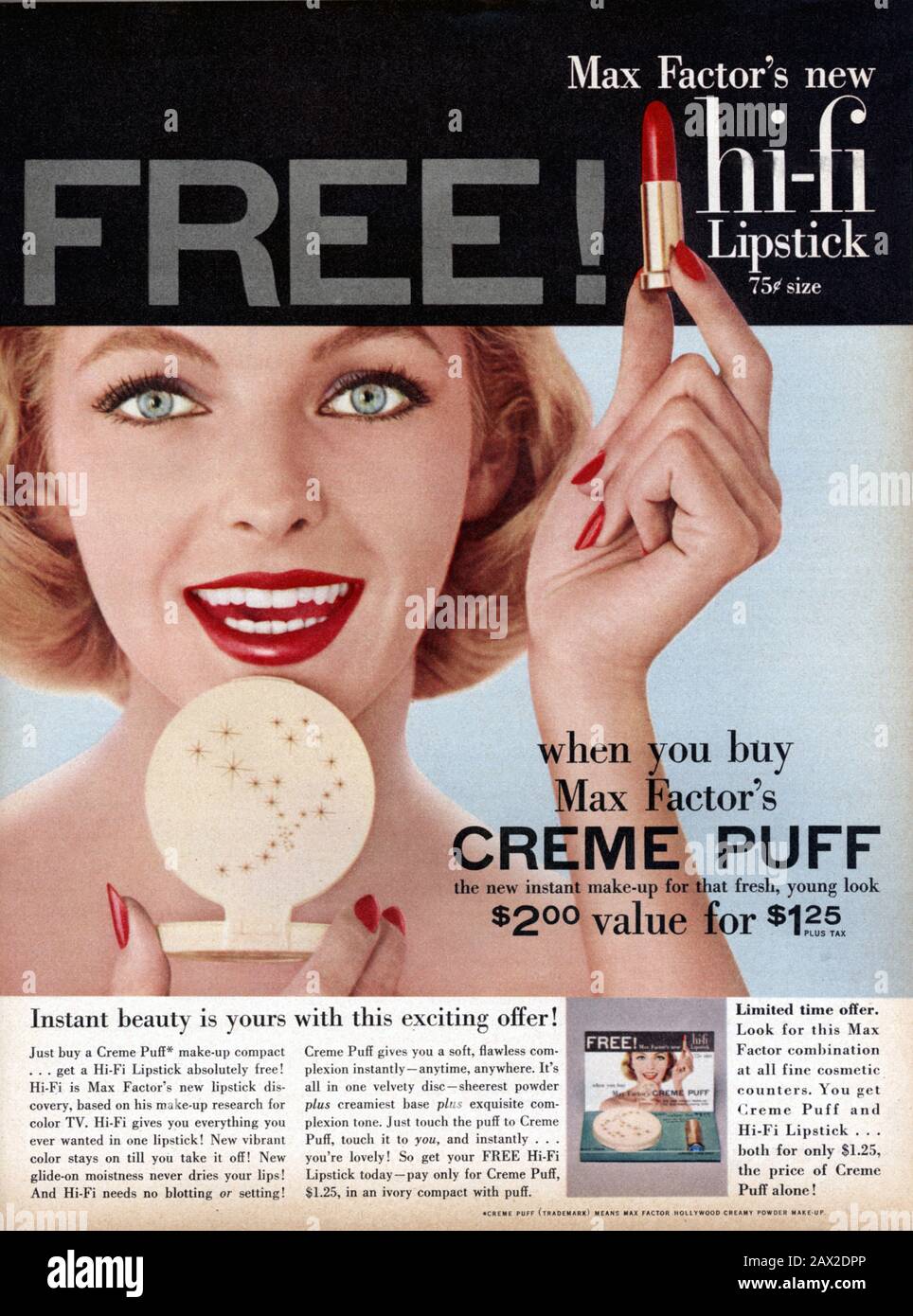 1957, USA: Die USA pubblicity Werbung für den LIPPENSTIFT des max-FAKTORS - pubblicita - Illustration - illuzazione - ANNI CINQUANTA - 50er - 50 - moderariato - rossetto - rot - Rosso - Lächeln - sorriso - Fondotinta - creme - cosmetica femminile - comici femminili - DONNA - FRAU - FRAU --- Archivio GBB Stockfoto