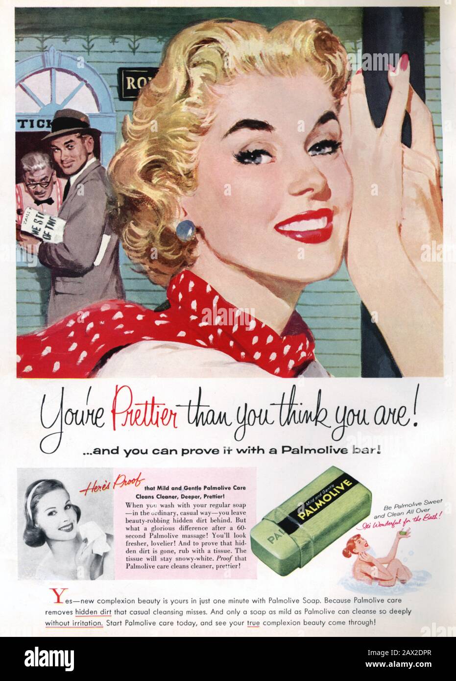 1957, USA: Die USA-Pubblicity-Werbung für den PALMOLIVE SOAP - pubblicita - Illustration - Illustrazione - ANNI CINQUANTA - 50er - 50 - Moderniato - rossetto - Rot - Rosso - Lächeln - sorriso - Saponetta - saponetta - cosmetica femminile - cometici minfemili - DONNA - FRAU - - - - - - - - - -- - Archivio GBB Stockfoto