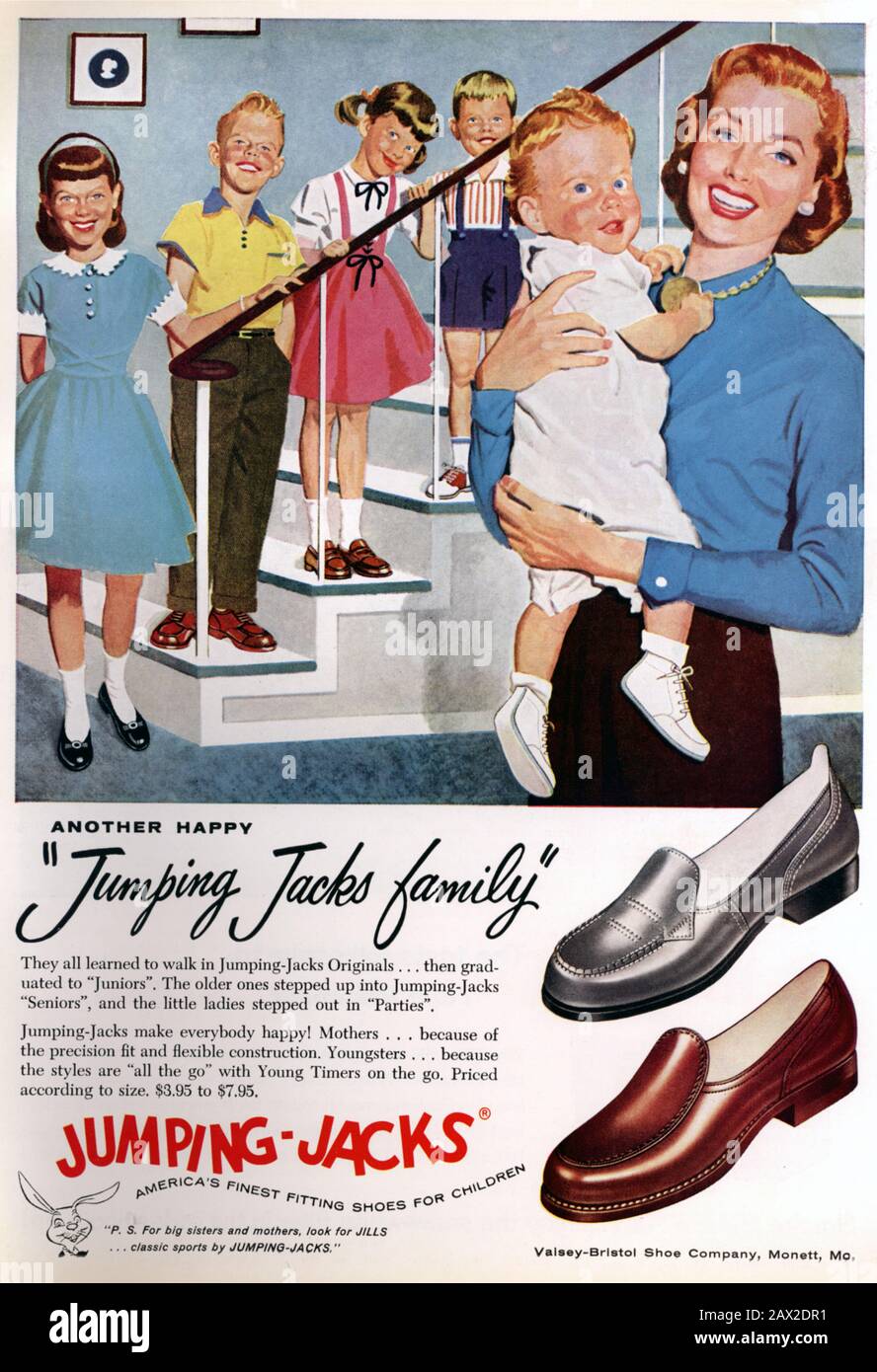1957, USA: Die USA Pubblicity Werbung für die JUMPING JACKS SCHUHE - Pubblicita - Illustration - illustazione - ANNI CINQUANTA - 50er - '50 - moderariato - Lächeln - sorriso - FAMILIE - FAMIGLIA - Bambino - Bambini - Kinder - DONNA - FRAU - fumatore - fumatori - Raucher - Sigaretta - Sigarette - Narbe - Kalzatur - Calzaturificio - Mocassino - Mocassini - -- Archivio GBB Stockfoto