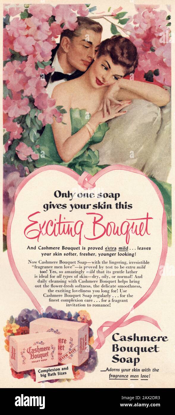 1952 , USA: Die USA Pubblicity Werbung für den KASCHMIR-BOUQUET SOAP - pubblicita - Illustration - illuzazione - ANNI CINQUANTA - 50er - 50 - sapone - saponetta - cosmetica femminile - cosmetici femminili - DONNA - FRAU - innamorati - Liebhaber - amanti - umarmen - abbraccio - Kuss - bacio - San Valentino - Heiliger Valentine --- Archivio GBB Stockfoto