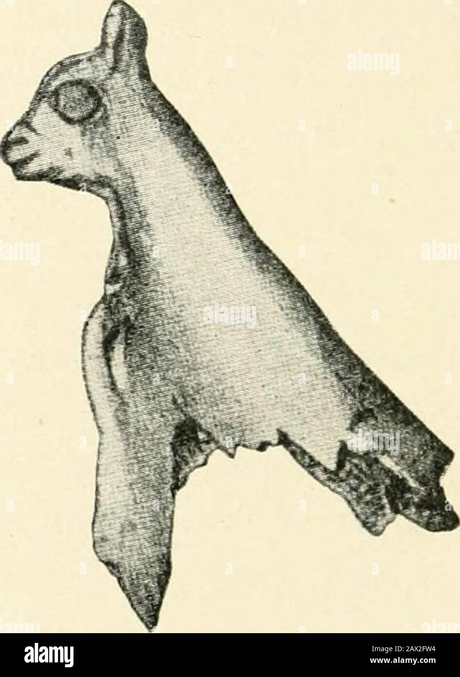 Eine Einführung in die Erforschung prähistorischer Kunst . Abb. 21.-Wildkatze. Contour.s dccoupés. S. Michel dArudy. (Vom Ln Cnv. Font de Gaumc.) (Natürliche Größe.) wie M. Piette glaubte, handelte es sich um eine zwischen- oder Transitionsform vom Schnitzen im Reliefbild bis zur Gravur. Der Outlineder Figur wurde aus einem flachen Stück Knochen geschnitten, und die durch eingeschnittene Linien hervorgehobenen Merkmale, die beiden gegensätzlichen Dezeichen nicht immer genau entsprechen. Pferde, die auf diese Art und Weise exekutiert wurden, stammen von mehreren Standorten in der Pyrenäenregion, z. B. MasdAzil, Lorthet, Lourdes, Knlene und Arudy (Abb. 22 und 23). Von der letzten auch die ^ La Stockfoto