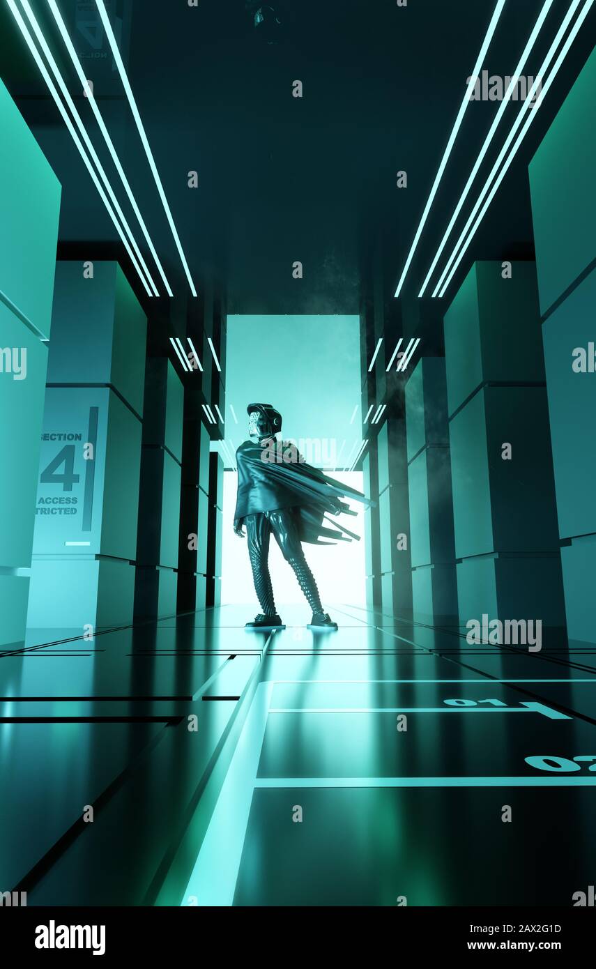 Ein Raumfahrer, der in einem hell erleuchteten futuristischen Minimalkorridor steht. 3D-Illustration für zukünftige Menschen und Technologien. Stockfoto